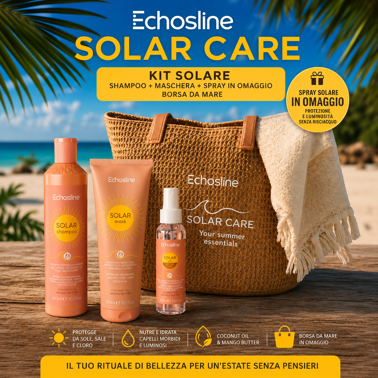 Kit Solare echos Shampoo,Maschera,Olio in Omaggio Borsa grande Mare