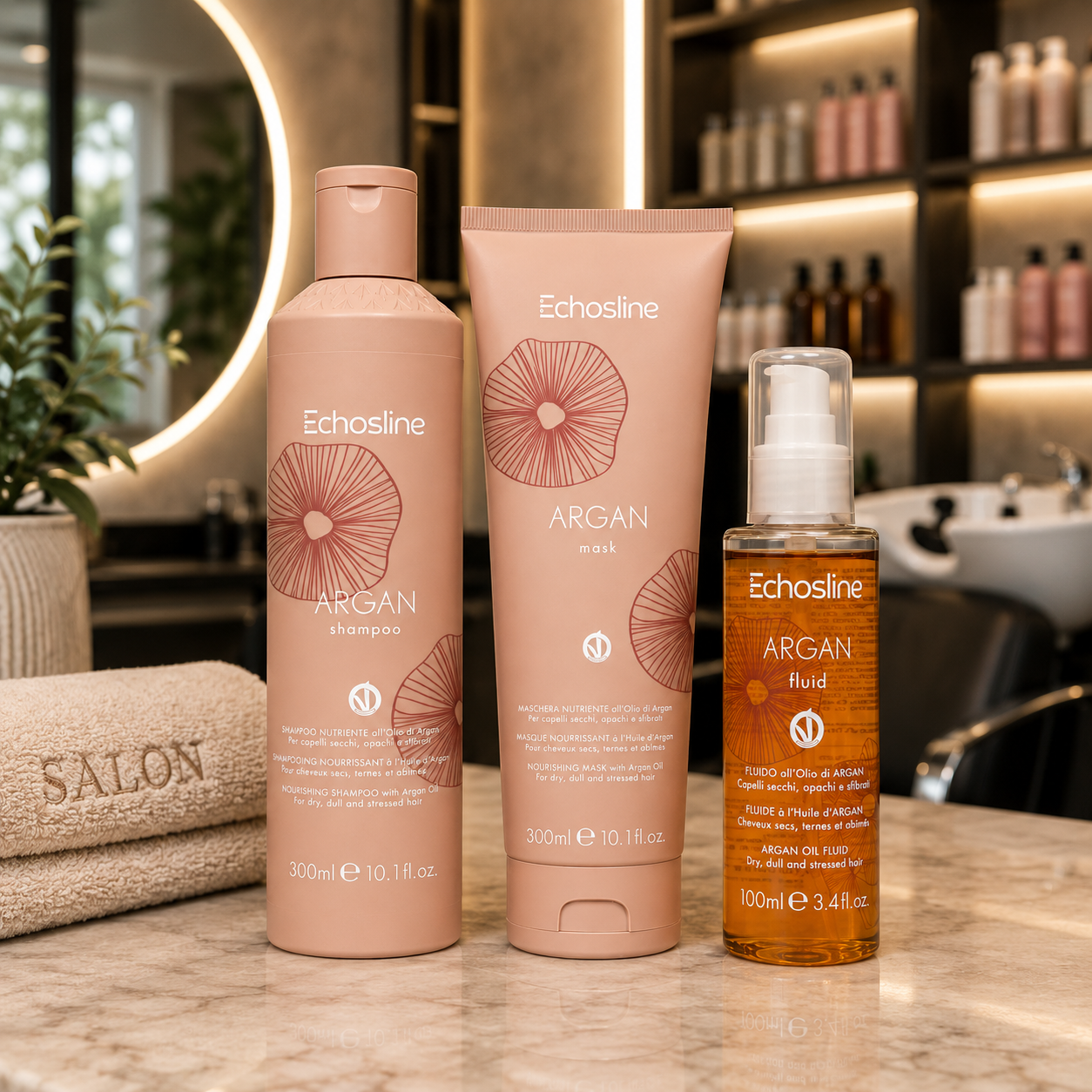 Kit Argan Shampoo 300 ml + Maske 300 ml + Fluidöl 100 ml Echos