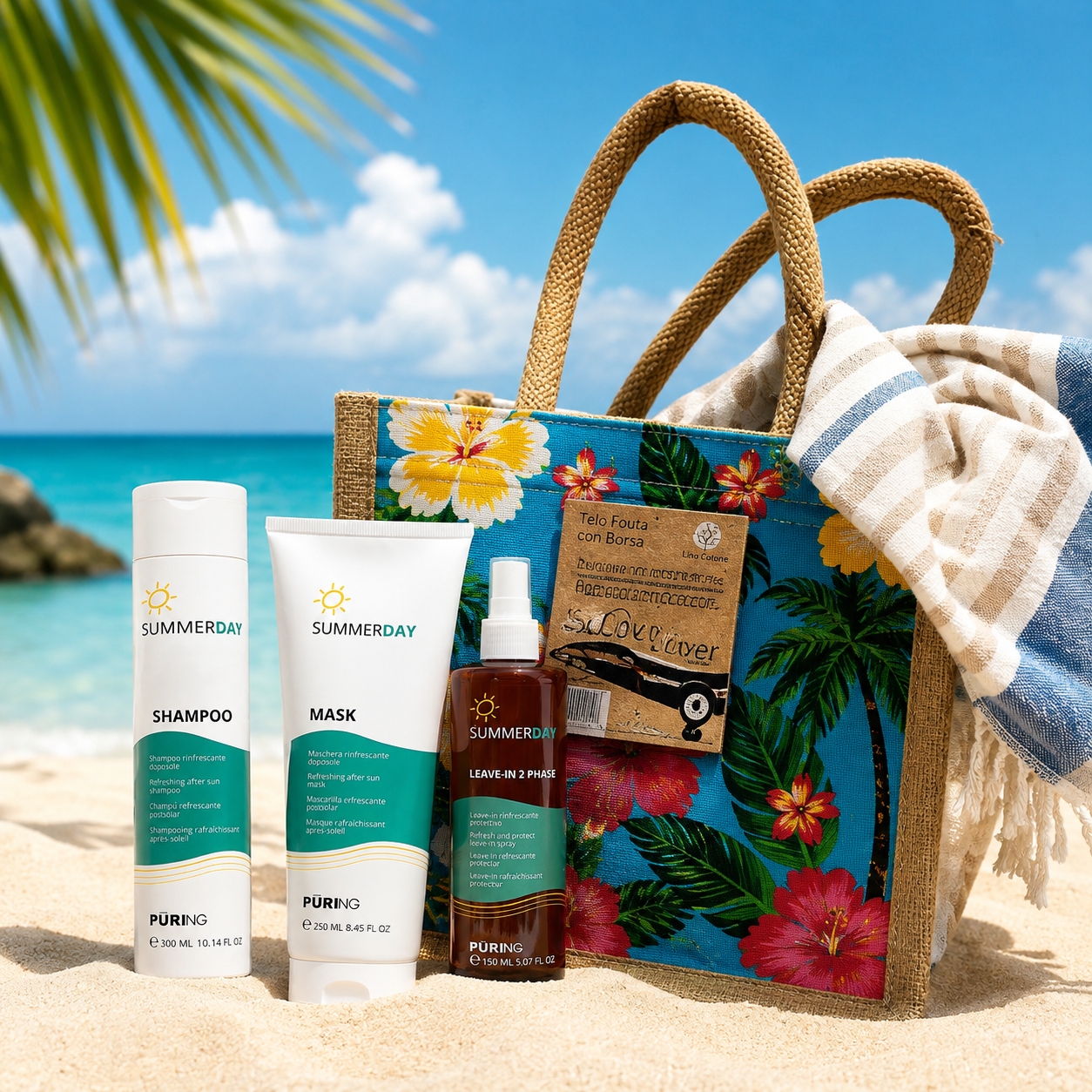 Kit Puring Summerday 2026 shampoo, mask, spray Omaggio Borsa mare+Telo Fouta