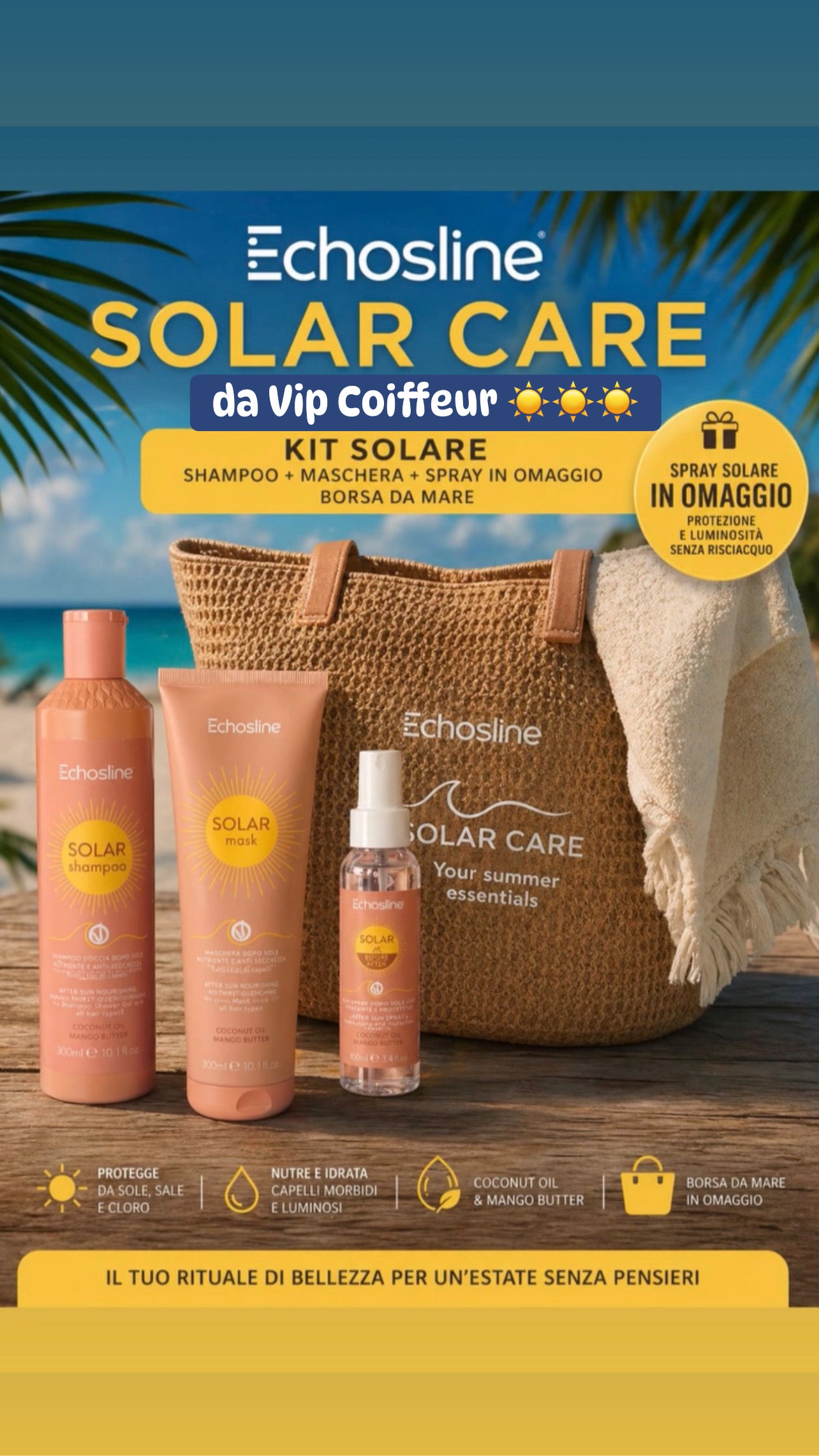 Kit Solare echos Shampoo,Maschera,Olio in Omaggio Borsa grande Mare