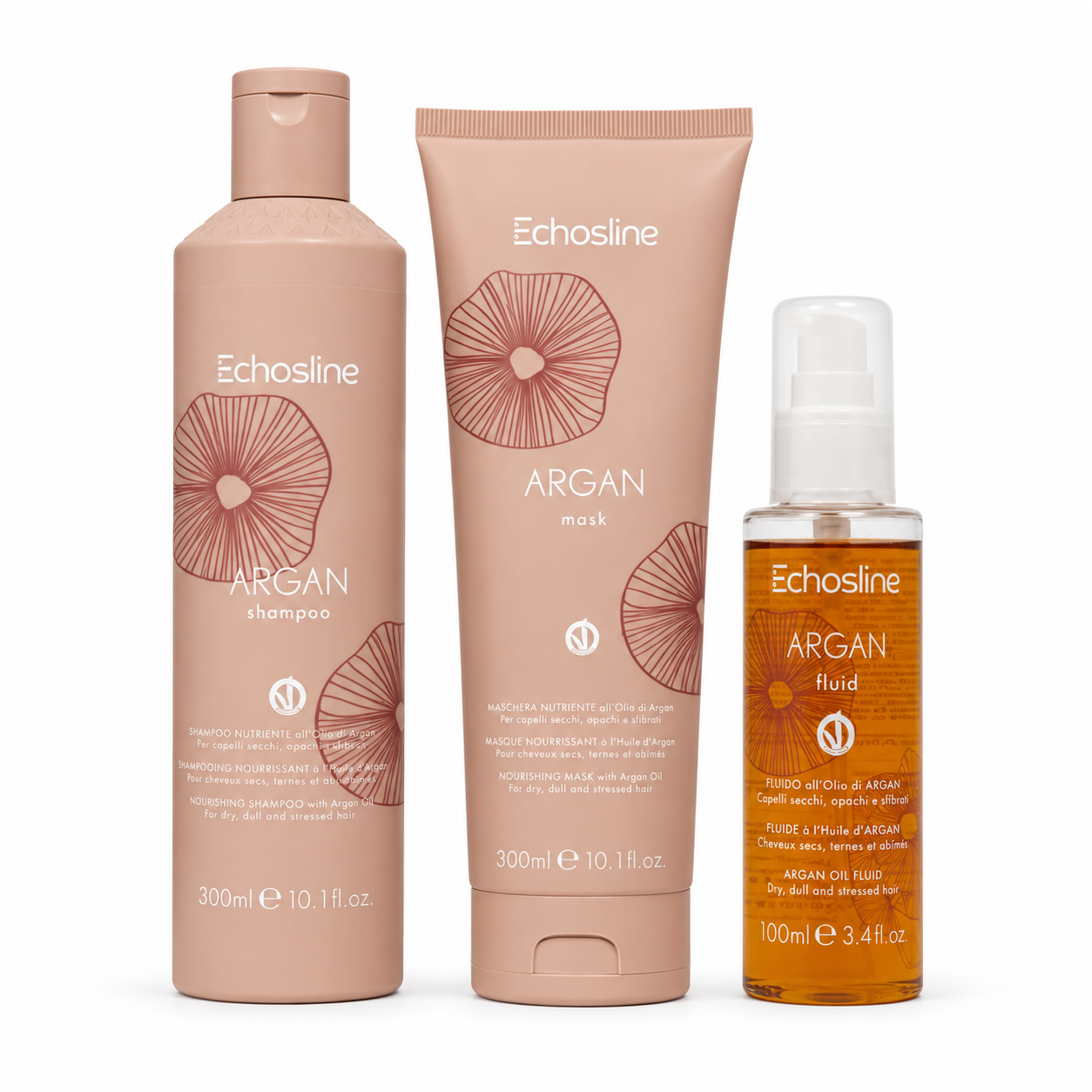 Kit Argan Shampoo 300 ml + Maske 300 ml + Fluidöl 100 ml Echos