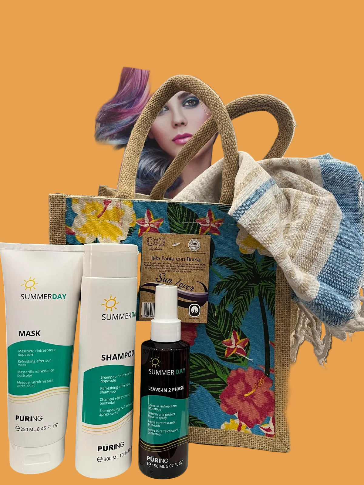 Kit Puring Summerday 2026 shampoo, mask, spray Omaggio Borsa mare+Telo Fouta