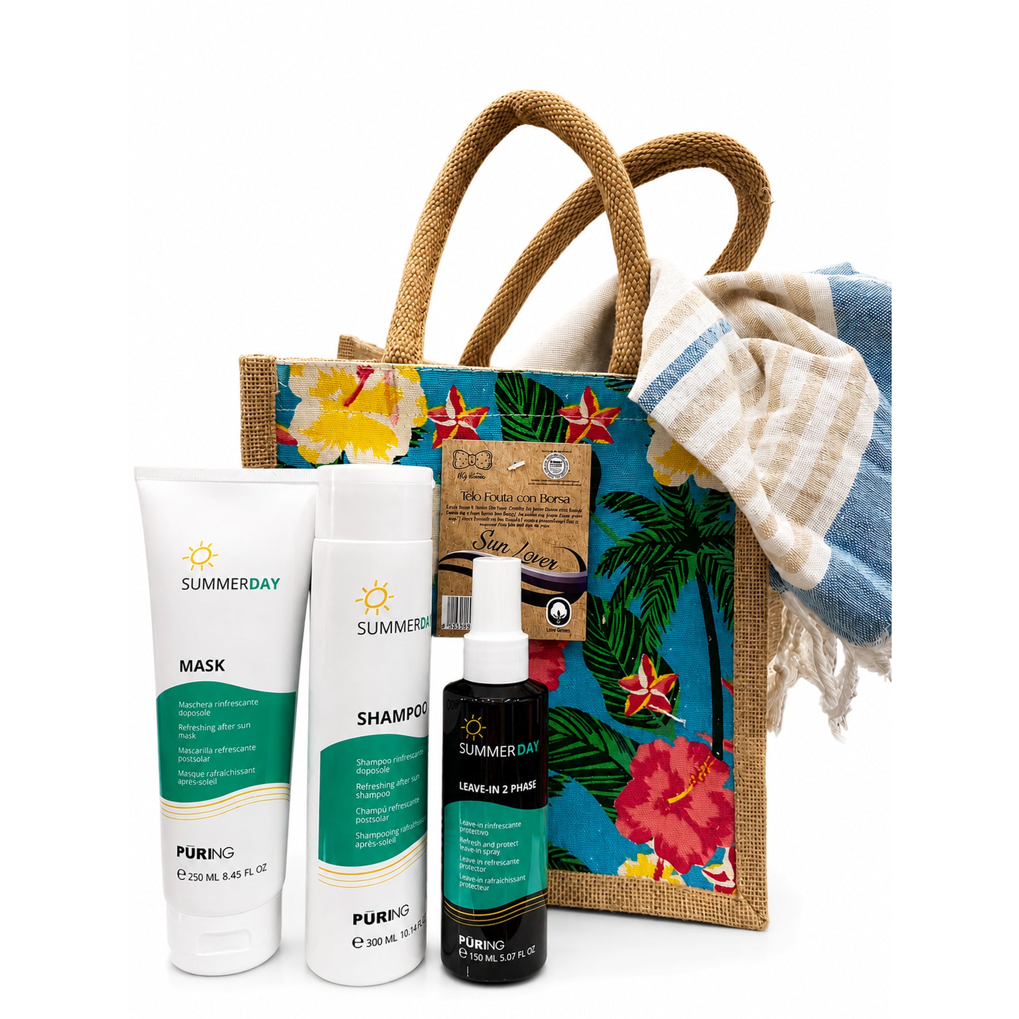 Kit Puring Summerday 2026 shampoo, mask, spray Omaggio Borsa mare+Telo Fouta
