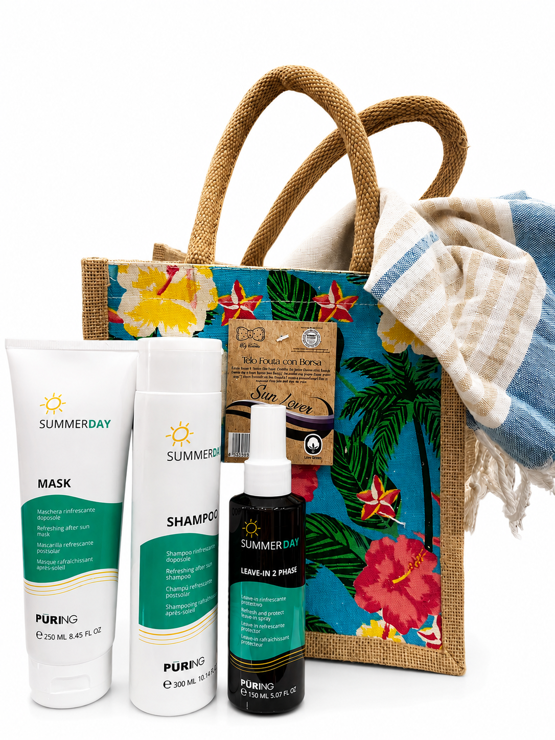 Kit Puring Summerday 2026 shampoo, mask, spray Omaggio Borsa mare+Telo Fouta